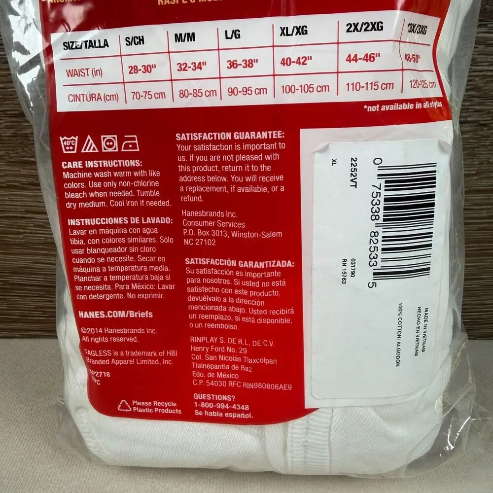 Hanes Mens XL Briefs 5 Pack White Tagless ComfortSoft 40-42 Cotton 2252VT NOS